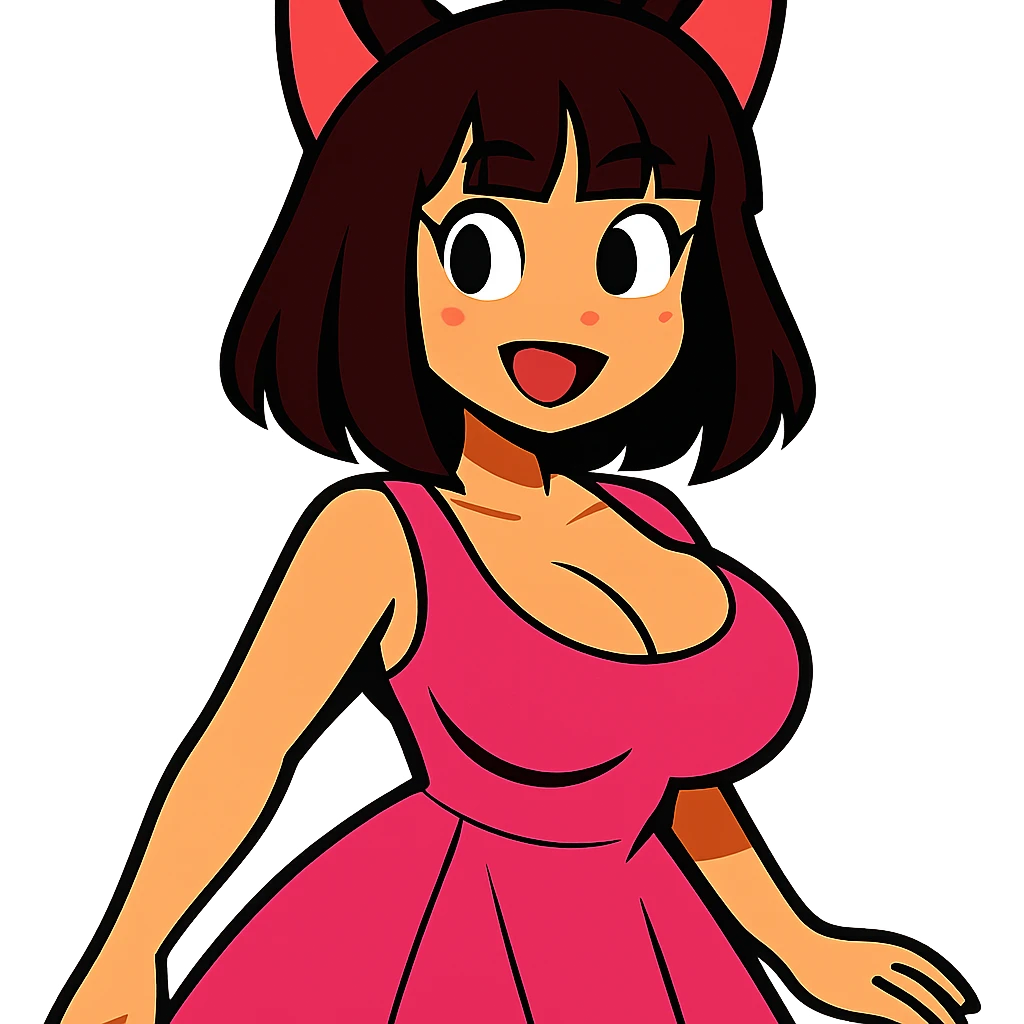 asian girl with cat ears, brown hair with blunt bangs, pink dress, very busty, vibrant cartoon style emoji