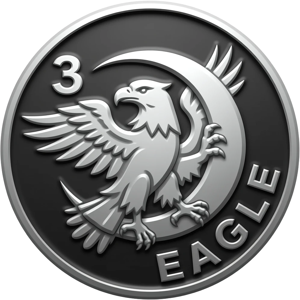 Silver metallic coin medallion, black background, bold engraved style, number ‘3’ in top left, central design of a majestic eagle in flight embracing a crescent moon with its wings, strong black outlines and shading, word ‘EAGLE’ in bottom right, emoji