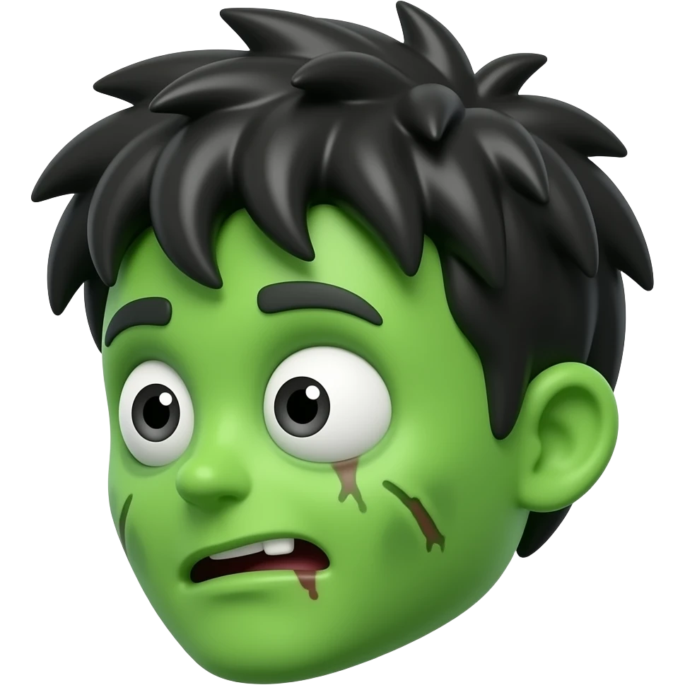 3D cartoon avatar, memoji style, green zombie skin, messy black hair, big expressive eyes, small facial wounds, clean white background, soft lighting, profile picture emoji