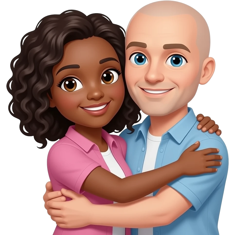 1 Black women and 1 bald white man friends hugging emoji