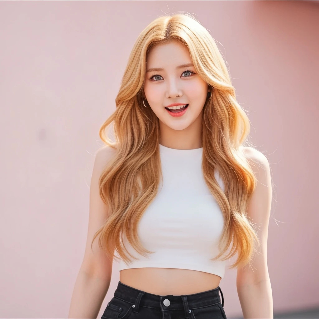 kpop girl with blonde hair, cute, expressive, minimal emoji