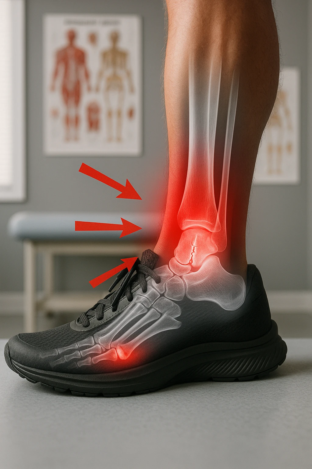 Realistic, vertical medical scene: a runner’s foot and lower leg are shown in profile, with a transparent overlay revealing a small stress fracture in the metatarsal bone. Red highlights and arrows indicate the area of pain and injury. The setting is a medical exam room, with anatomical charts in the background. emoji