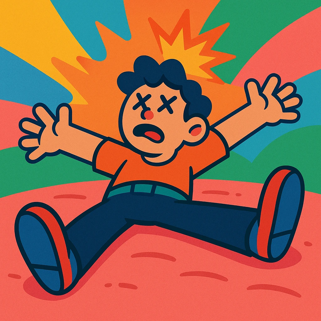 person sprawled on the ground, limbs outstretched, dazed expression, as if knocked out, vibrant toon style emoji