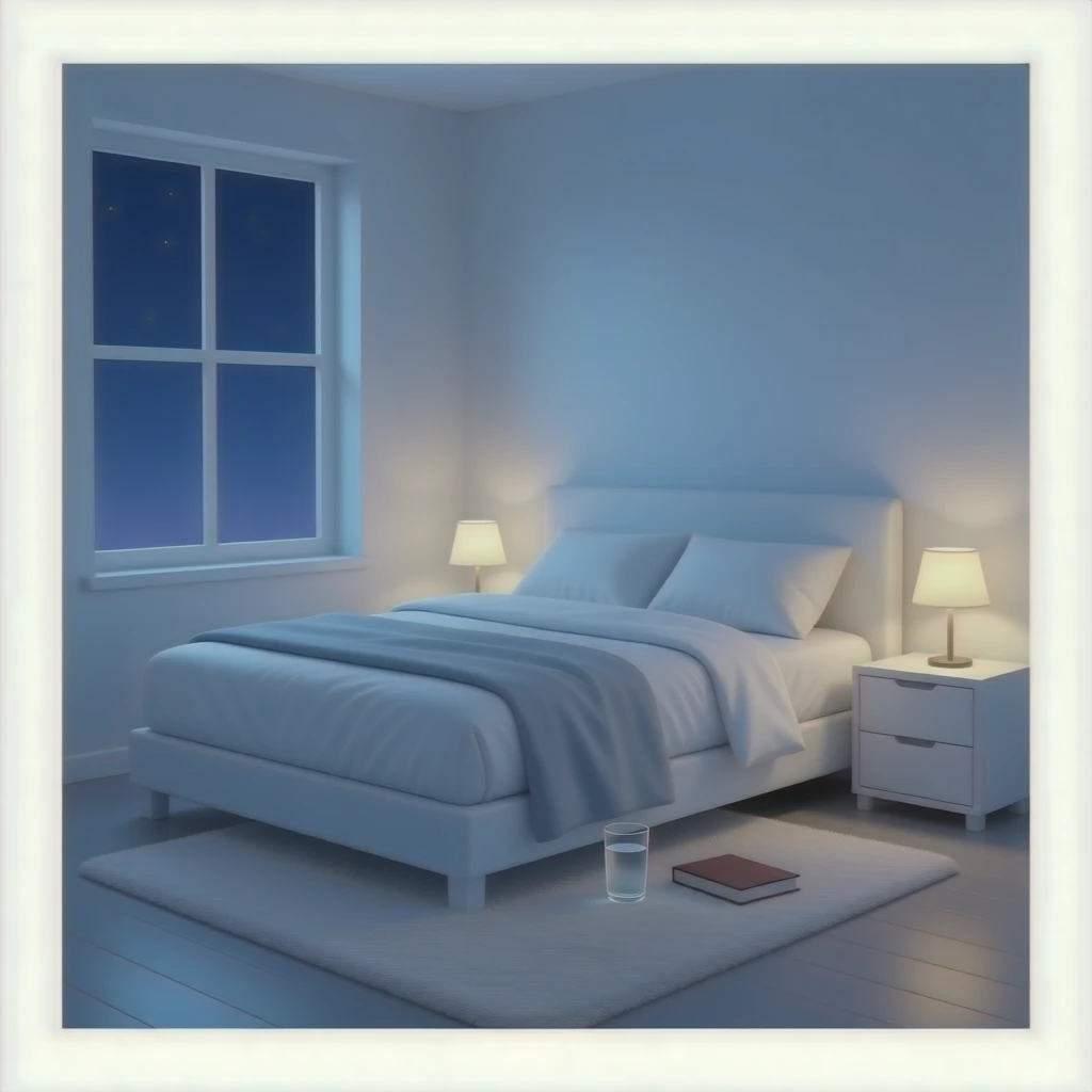 A dimly lit white bedroom. The bed is neatly made, and a glass of water sits beside a book on a cozy emoji