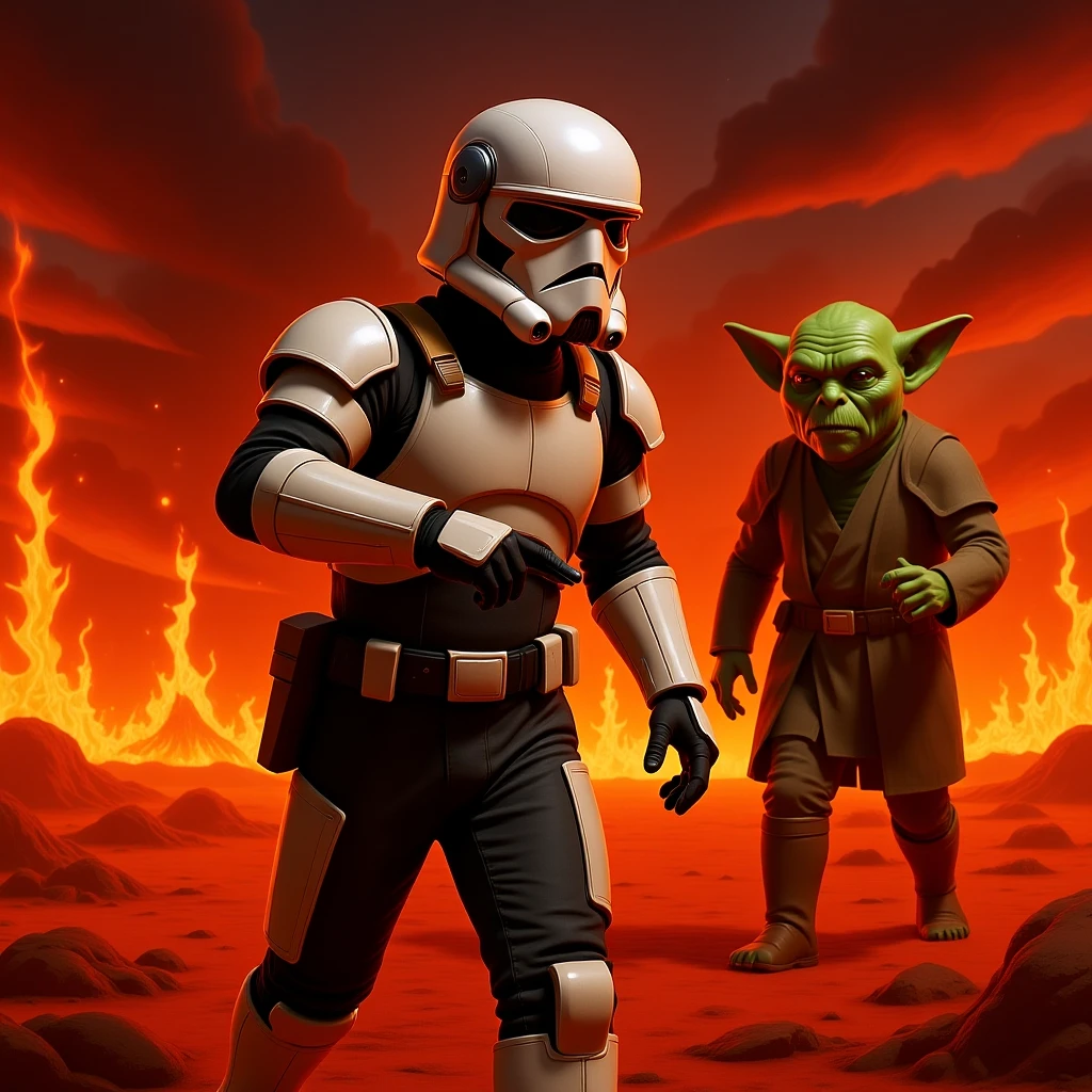 make digital poster art of Camera POV, Starwars stormtroopers vlogging selfie, he is walking on lava planet with yoda
 emoji