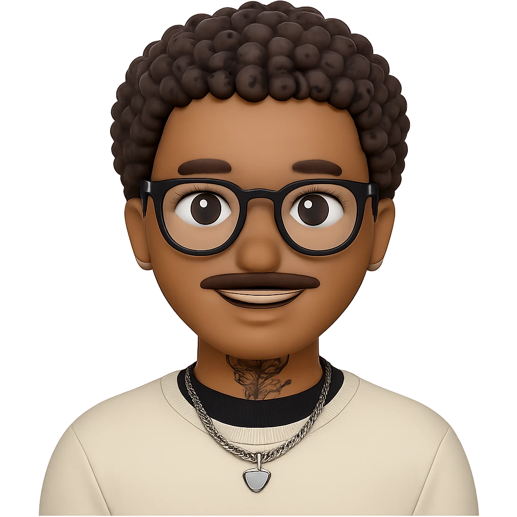 Add a visible tattoo on his neck and a mustache. Keep the background transparent. emoji