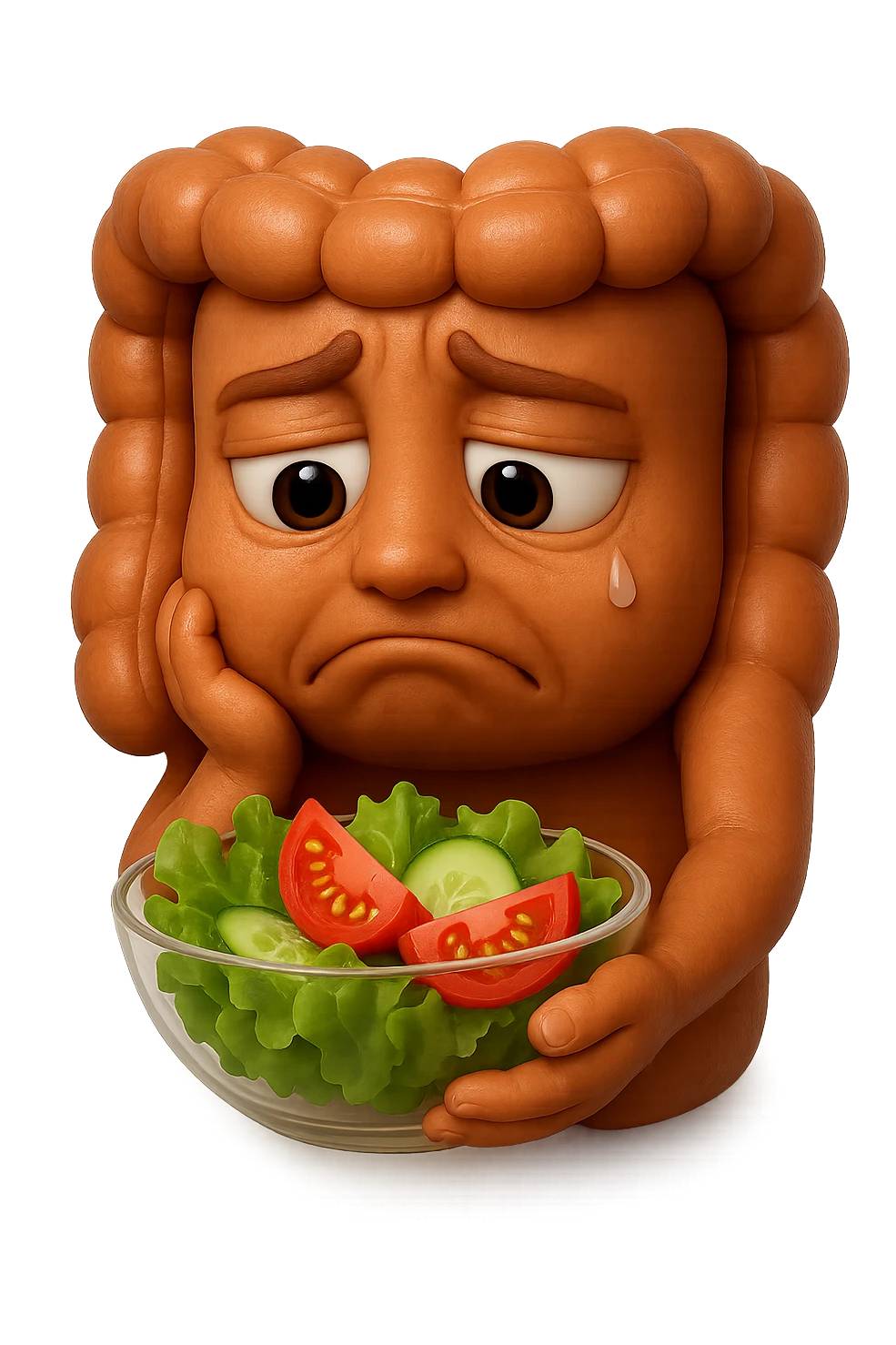 EMOJI STILE IPHONE DI UN INTESTINO UMANO ANATOMICO CHE GUARDA UN INSALATA CON ESPRESSIONE TRISTE E RASSEGNATA IN VOLTO: SOFFRE LA FAME PERCHé è A DIETA, FAGLI ANCHE LA PARTE BIANCA DEGLI OCCHI, NON SOLO LE PUPILLE, IPERREALISTICO 4K emoji
