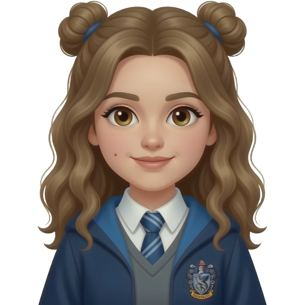 A female student in Harry Potter, wearing a blue Ravenclaw robe, her dark-blonde hair are up in two braided buns with some hair framing her face in waves. she has brown eyes and one mole beside her mouth emoji