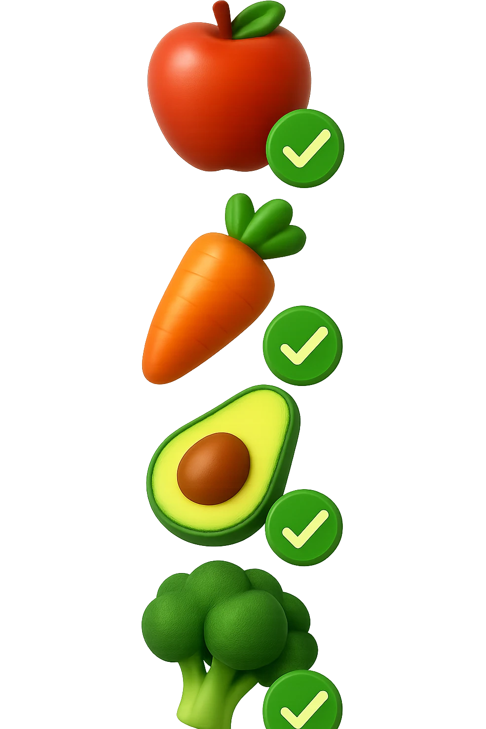 emoji stile iphone in 3d di cibo sano che fluttua in aria vericalmente insieme a spunte verdi di verificato, iperrealistico 4k emoji