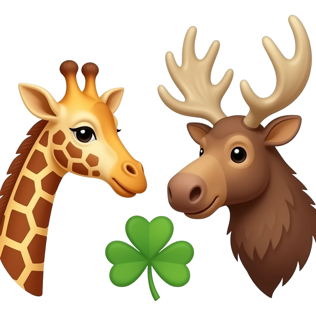 Einfacher Giraffenkopf und Elchkopf schauen sich an mit Vierblätter Glücksklee emoji