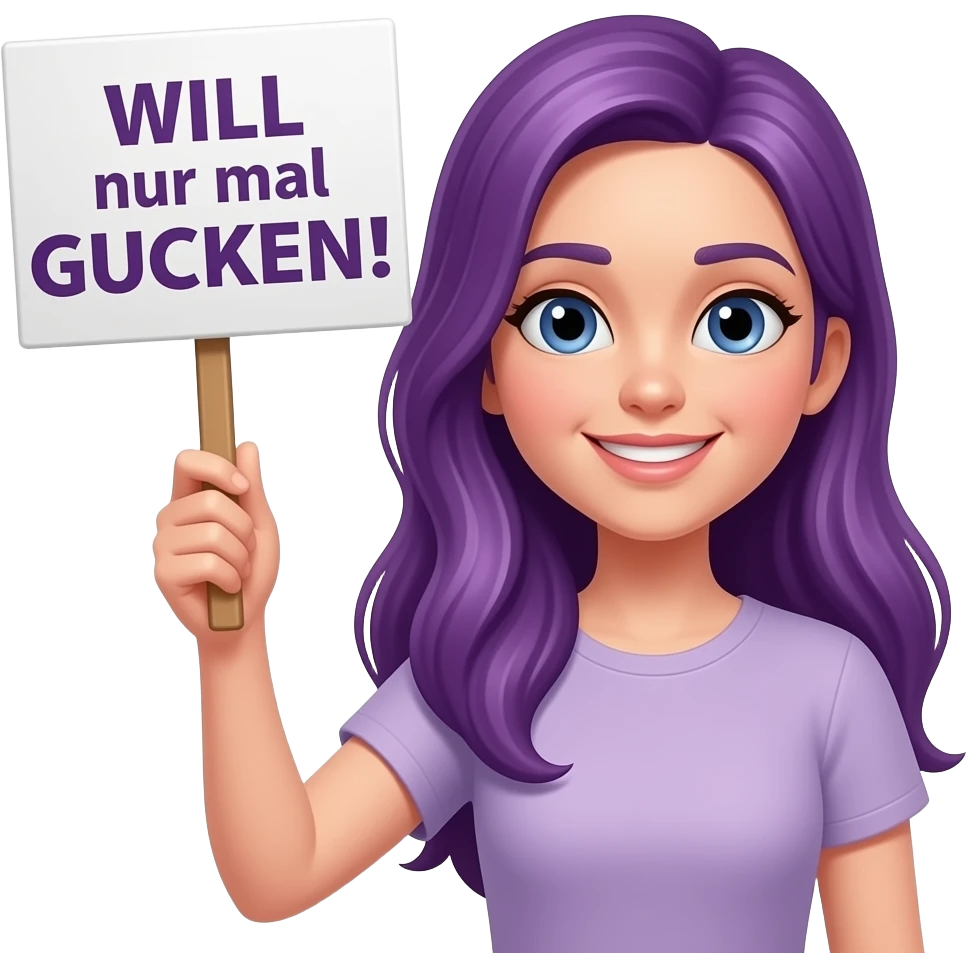girl with long purple hair holding a WILL nur mal GUCKEN! sign emoji