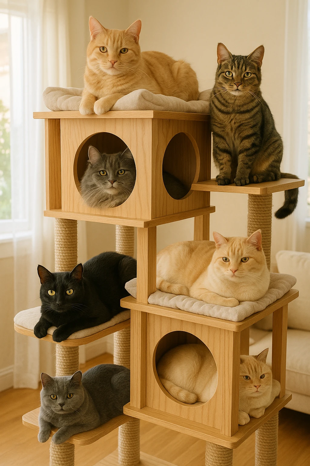 cats relaxing in a vertical playhouse emoji
