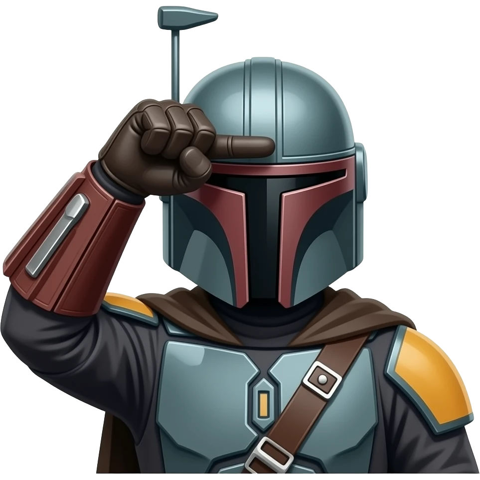 mandalorian     Use classic mandalorian from last images, put a fingerless glove on the hand, PUT THE HAND OVER THE FOREHEAD - Keep everything the same but reverse the thumb position, the thumb is backwards.   FIX THE RIGHT HAND to be correct.  Now spread the palm to cover the forehead. emoji