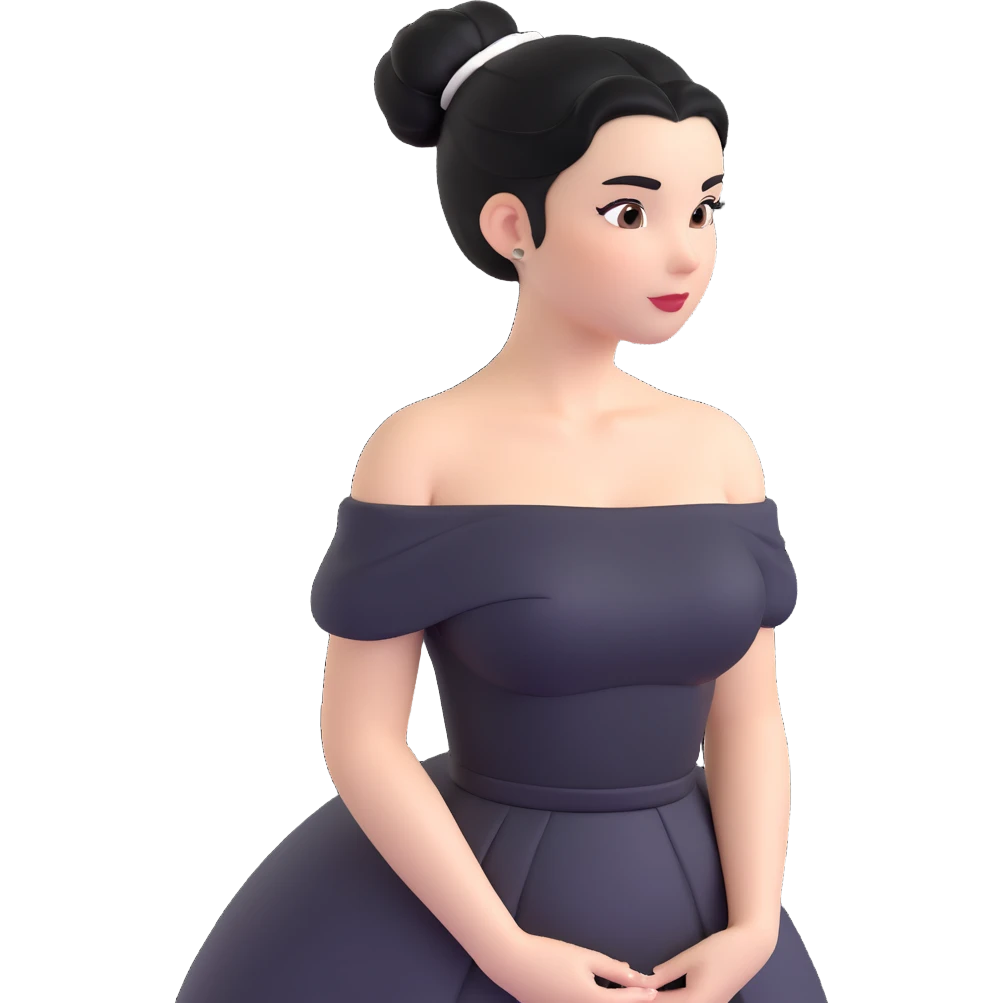 woman with black hair in a bun, black off-shoulder dress, white skin, 3d emoji style emoji