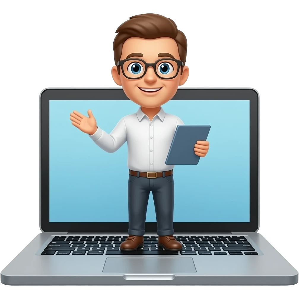 Online course, laptop screen with a person emerging teaching something emoji