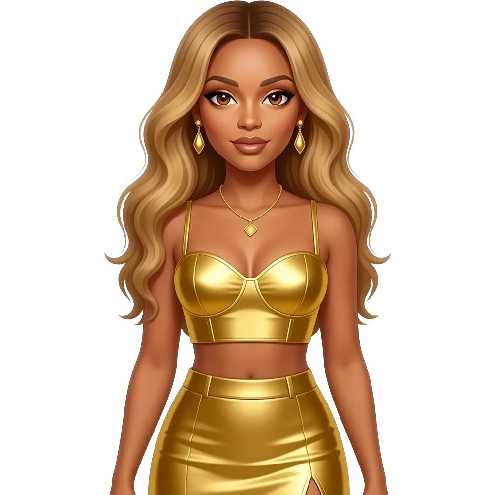 Beyonce from Destiny's Child with hazel eyes, long honey blonde hair, gold metallic sweetheart crop top, gold metallic long skirt, necklace and earrings emoji