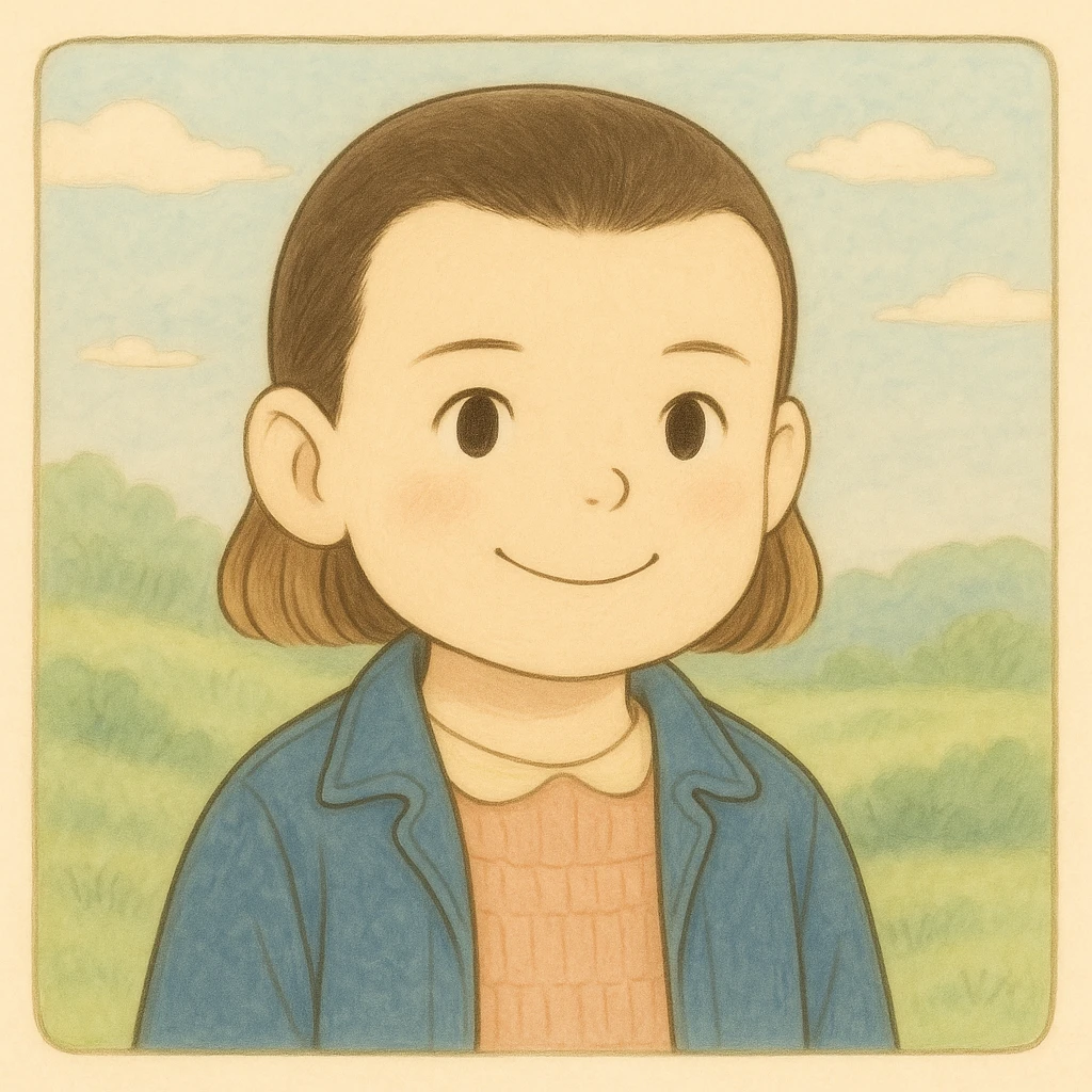 Eleven from Stranger Things with a smiling expression, simple and delicate line art as in the reference drawing, colored in pastel tones, in Ghibli style, square 1:1 format. emoji