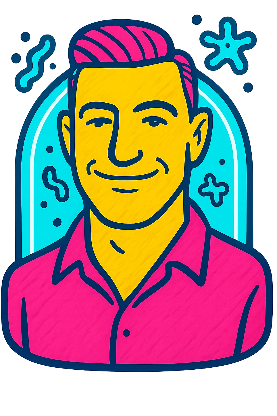 Vertical portrait of a man's face in a modern style with a relaxed expression. Transparent parasites dissolve in front of an energetic barrier, with fresh and clean colors enhancing the scene. emoji