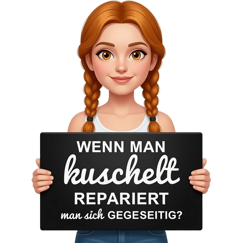 sexy girl with long ginger braids and ginger eyes wearing a white tanktop is holding a big black sign with WENN MAN kuschelt REPARIERT man sich GEGENSEITIG written on it emoji