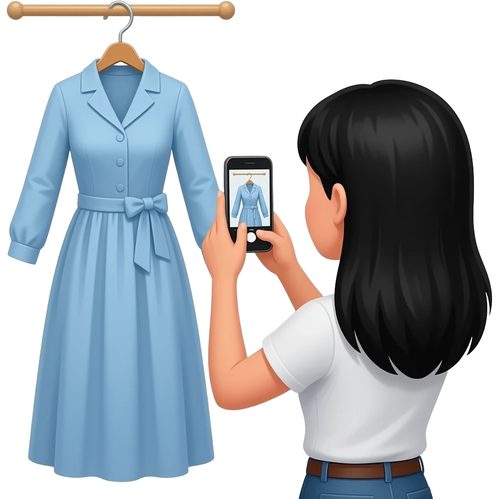 a black hair women taking photo to a hanging dress emoji