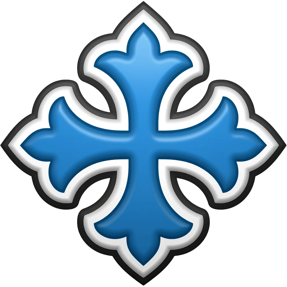 Es una cruz latina azul, simétrica y estilizada, con brazos curvos que se ensanchan y terminan en puntas decorativas lobuladas, rodeada por un doble contorno (blanco interno y negro externo) con la parte de abajo de la cruz más para emoji