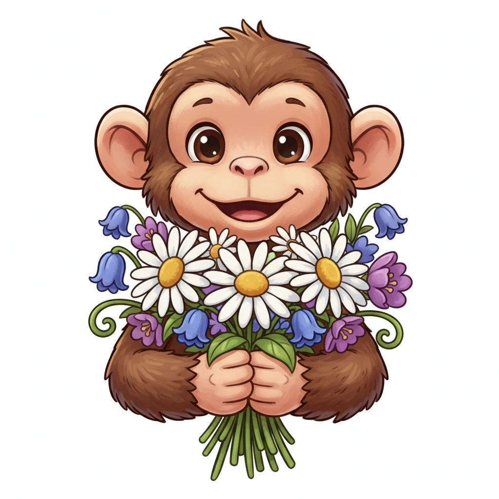 monkey with flowers, front view,  Frontal Top-Down Soft Light, white background, portrait, casual cartoon stylized game mobile emoji