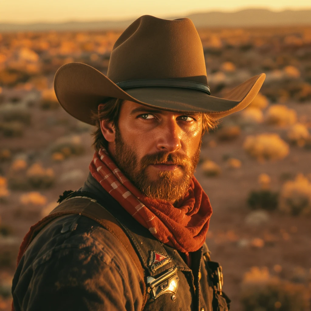 Cinematic , documentary photography, top angle medium shot, cowboy look eye brave, hard light golden hour, desert arizona, shot on arri alexa, 80s movie emoji