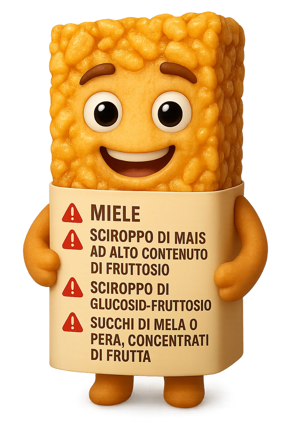 SU QUESTO STILE FAI UN EMOJI STILE IPHONE 3D DI UNa barretta ai cereali con ETICHETTA CON GLI INGREDIENTI SCRITTI, "miele, sciroppo di mais ad alto contenuto di fruttosio, sciroppo di glucosio-fruttosio, succhi di mela o pera,
concentrati di frutta" accanto ad ogni nome scritto mettici un segnale di allarme, FALLO MOLTO REALISTICO IN 3D emoji