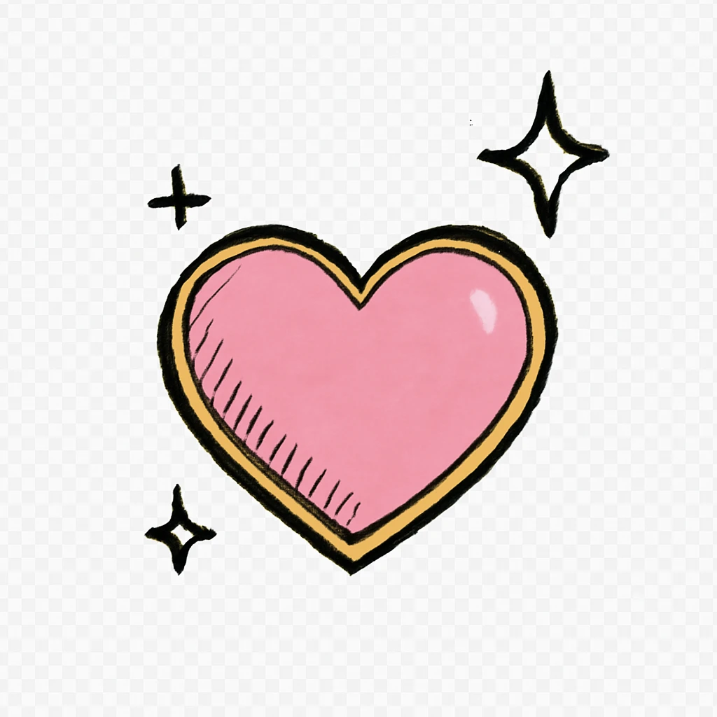3D effect on a large pink heart with sparkles and gold outline, hand drawn black outline style, white clean background emoji