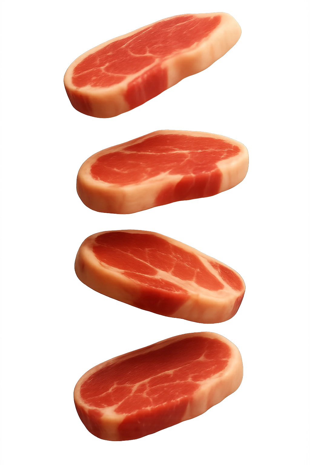 emoji stile iphone in 3d di fette di carne che cadono verticalmente dall'alto, iperrealistico 4k emoji