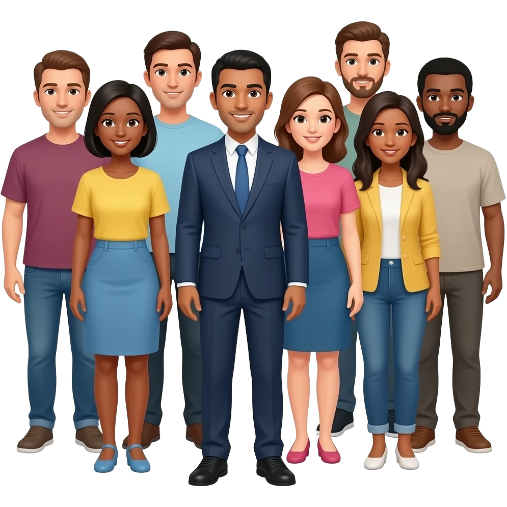 Minimalist flat design icon of a group of full-body diverse people standing together, representing general population, inclusive and modern style, soft gradient (blue, green, and orange), no text, transparent background emoji