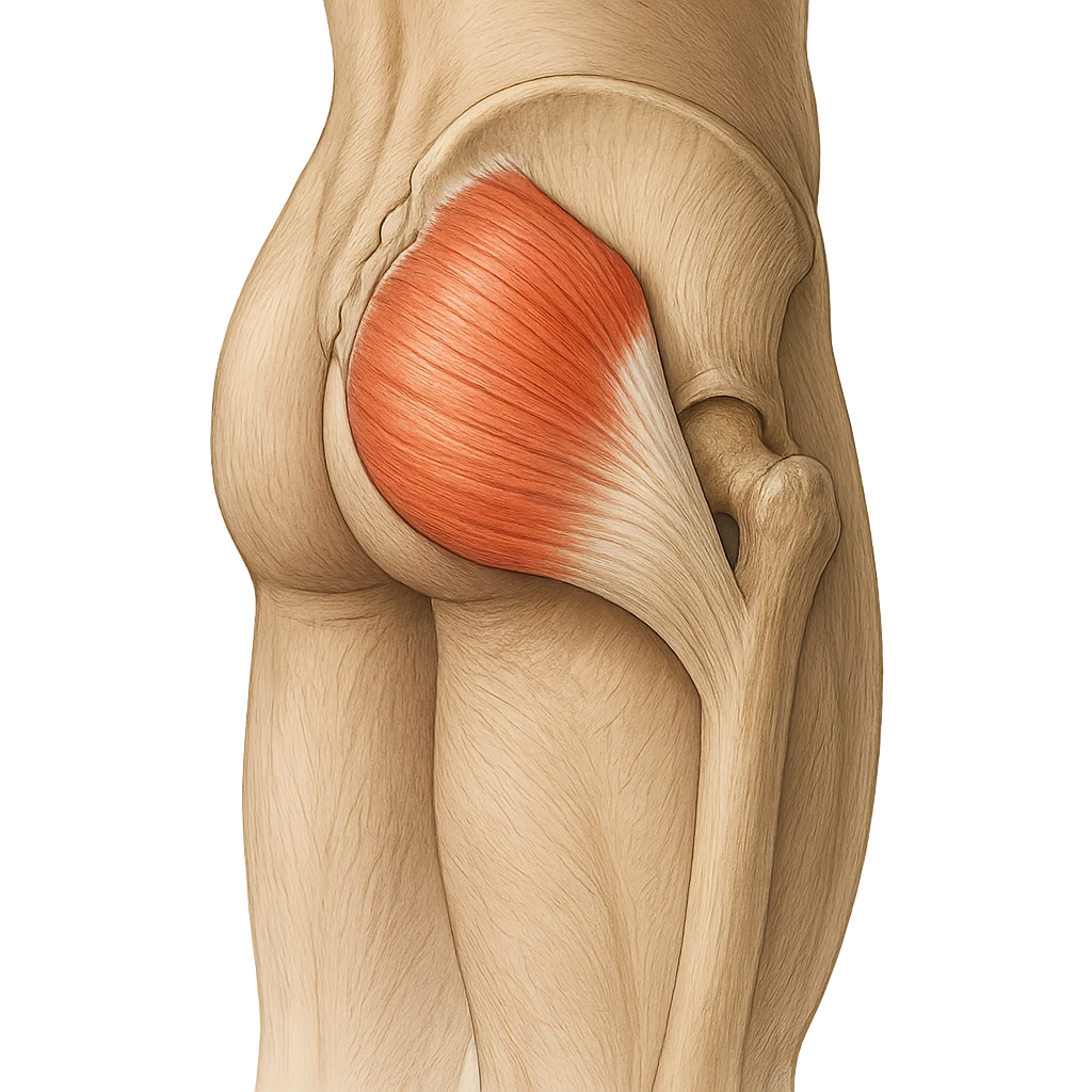 realistic and educational illustration of the gluteus minimus muscle, precise anatomical details, highlighted compared to other muscles in the region, lateral and posterior view, neutral background, no explicit references to sensitive parts emoji