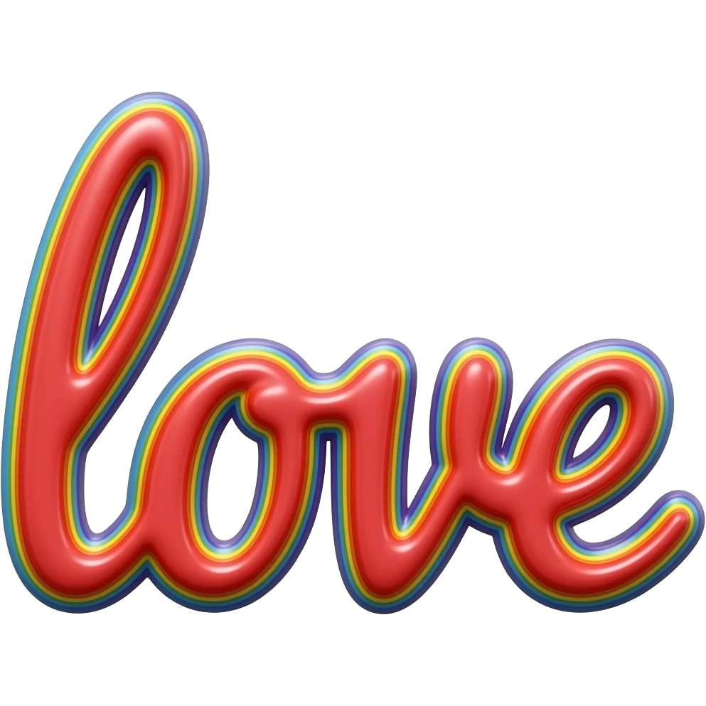 name "love" in red, 3D style typography lettering, each color of the rainbow as a border outlined around each letter, isolated, 3d rendering, no emoji icons no emoji faces and must have no human figures emoji