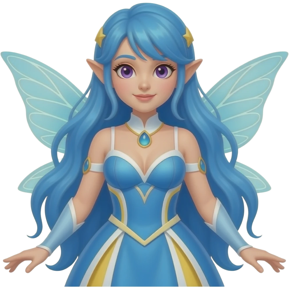A full bodied female water fairy with blue hair violet eyes and wearing a blue outfit with white and cream yellow accents. emoji