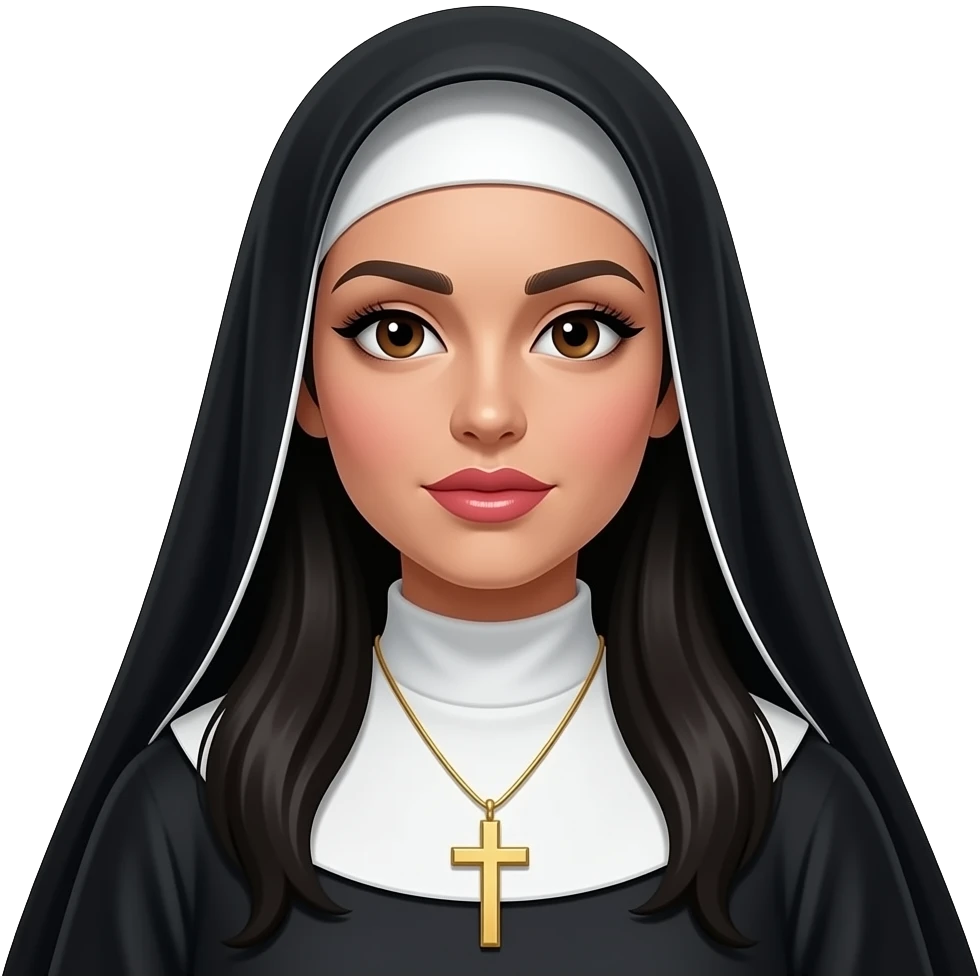 Nun woman, long black hair showing under veil, small gold cross necklace, big brown eyes, big lips, adult curvy woman but fully covered body except for head and hair, lip gloss on. Dark eyebrows, long eyelashes. emoji