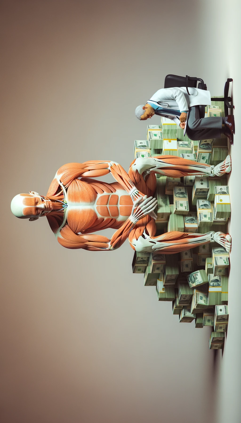corpo umano anatomico seduto dal medico con una montagna di banconote ai piedi, con sfondo chiaro neutro, iperrealistico 4k emoji