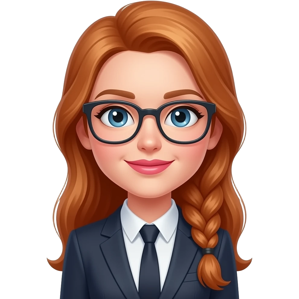 white girl with long light red hair braided and blue eyes with glasses and pink lips in a business dress emoji