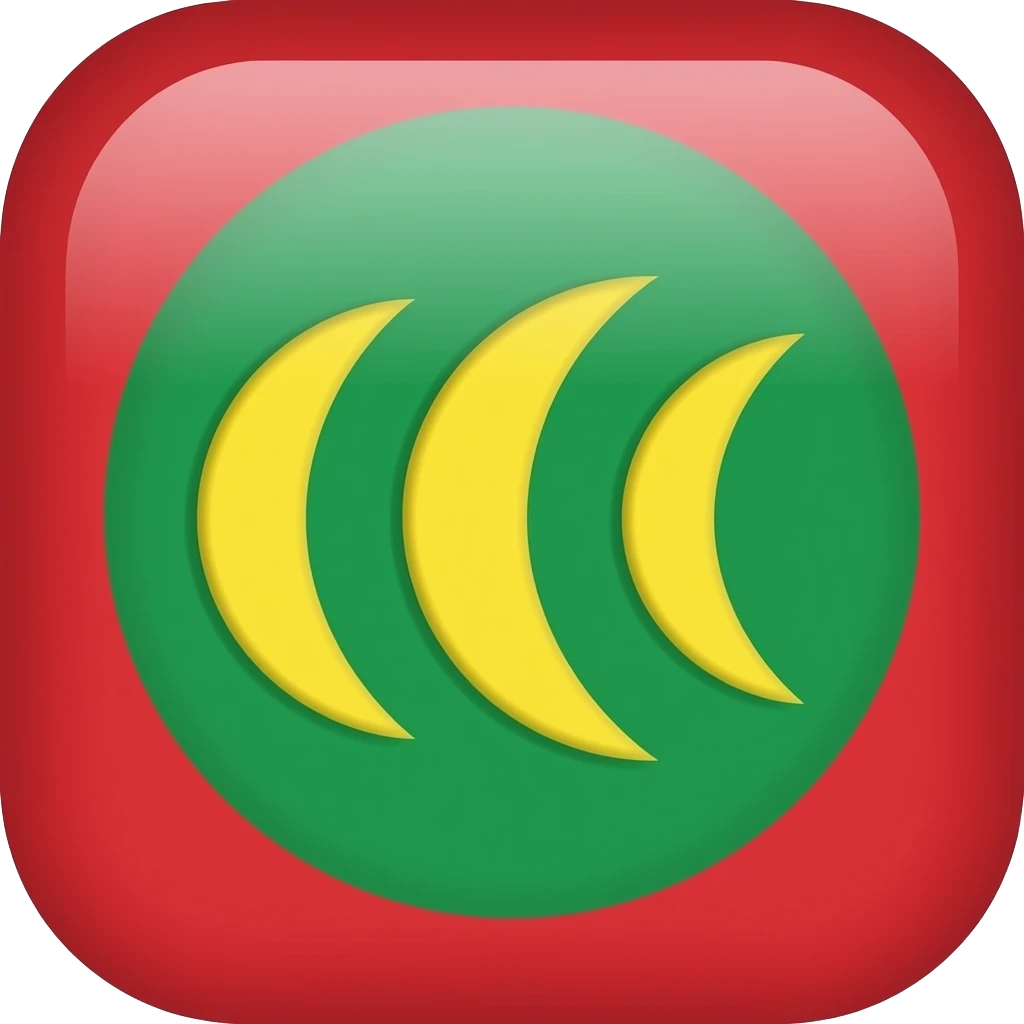 "Osmanlı Üç Hilal bayrağı şeklinde emoji ikonu. Kırmızı arka plan, ortada yeşil bir daire ve dairenin içinde dikey dizilmiş üç sarı hilal. Modern ve sade tasarım, beyaz arka plan üzerinde izole edilmiş." emoji