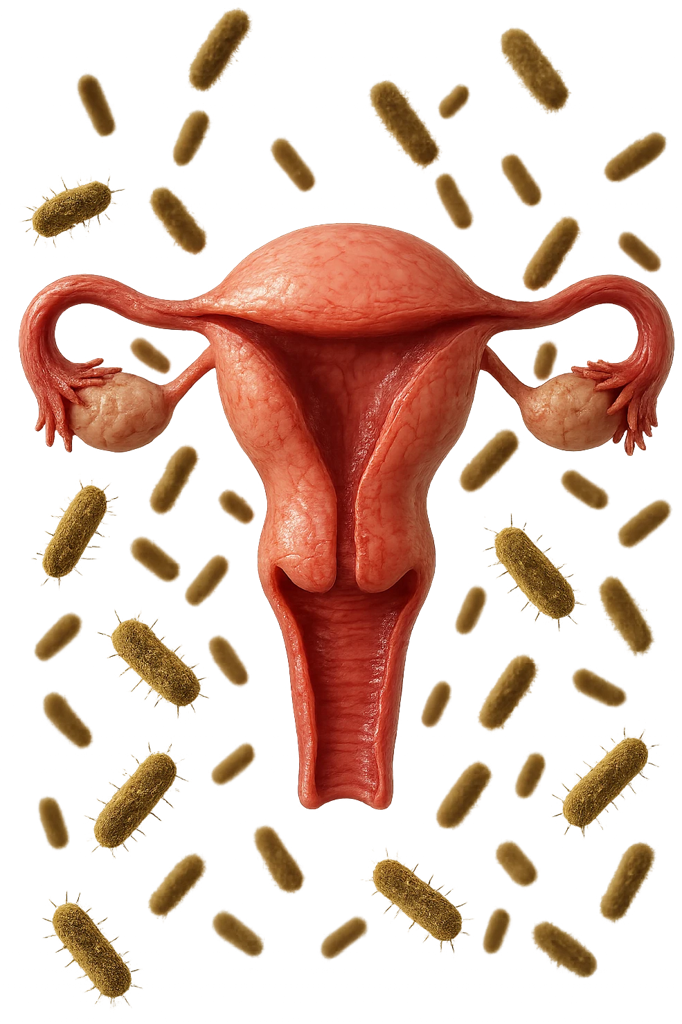 batteri intestinali fluttuano intorno ad un utero umano anatomico, iperrealistico 4k emoji
