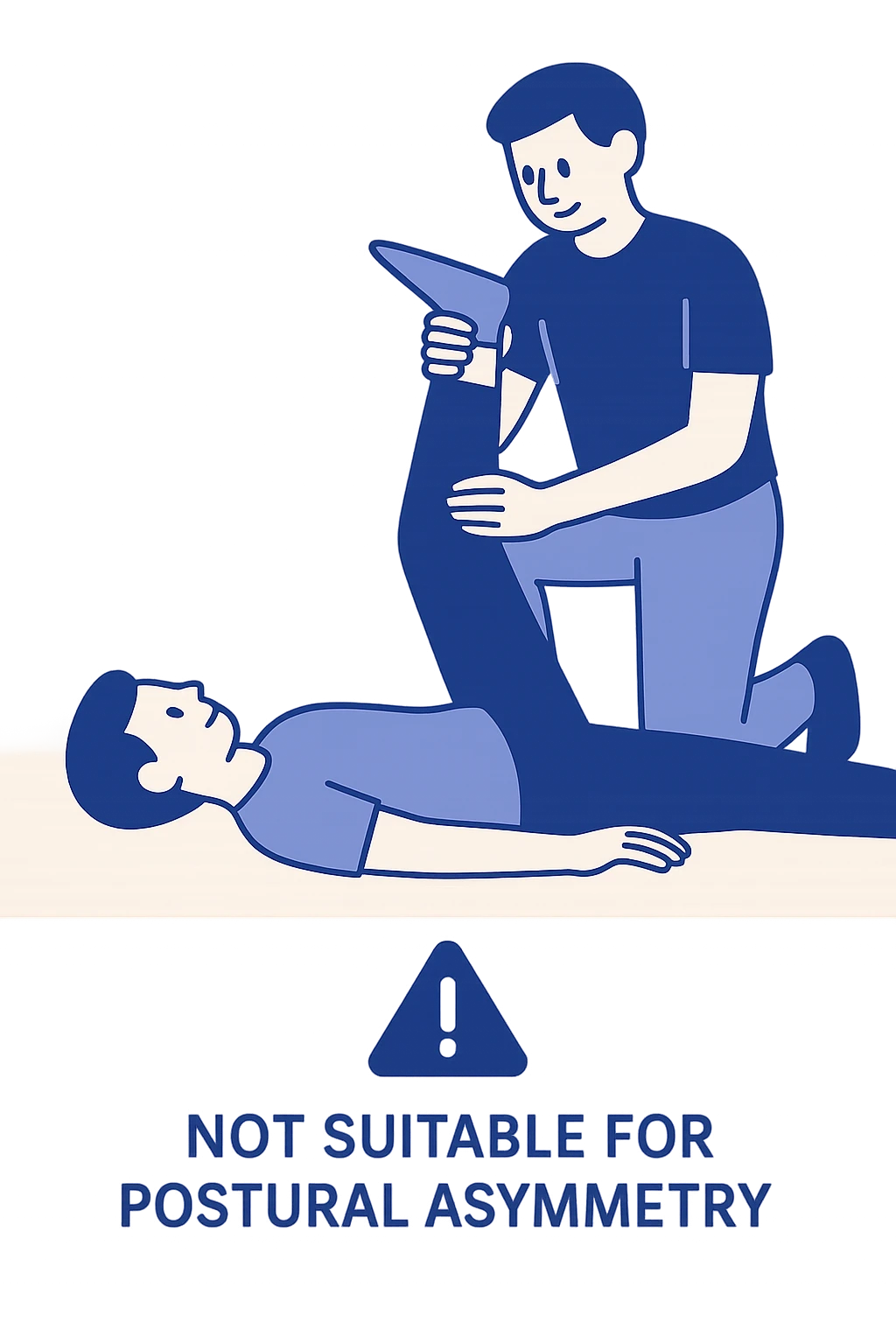 vertical illustration of a person assisted by a partner doing passive leg stretching, with a warning symbol suggesting not suitable for postural asymmetry, educational style, no background emoji