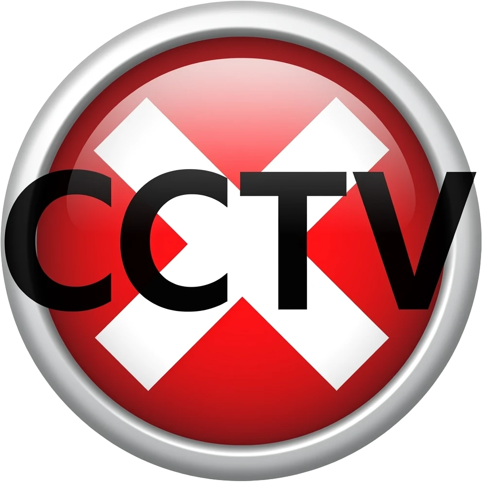 Red filled circle with white X and arrow on all end points on the X white circle in the middle. Big bold CCTV word in the centre in black emoji