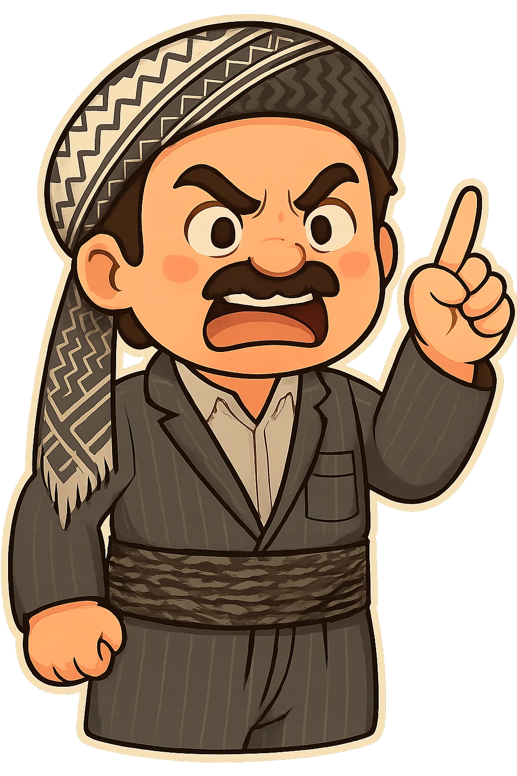 Cartoon sticker of a Kurdish man with the exact same clothes and scarf as the reference image, no changes to clothing or scarf. Face showing anger and rage. One hand raised with the index finger pointing as a sign of threat or warning. Colorful and cheerful style, no shadows or color halos around the image, no text. Suitable for WhatsApp and Instagram, with a completely transparent background. emoji