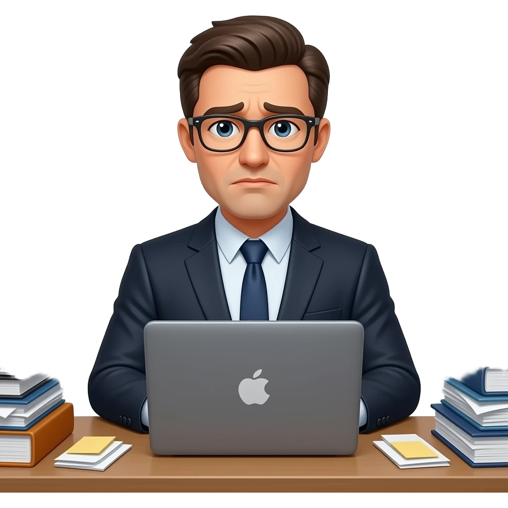 hombre con traje,exausto,sentado,reposandose en su escritorio,con laptop,primer plano cerca emoji