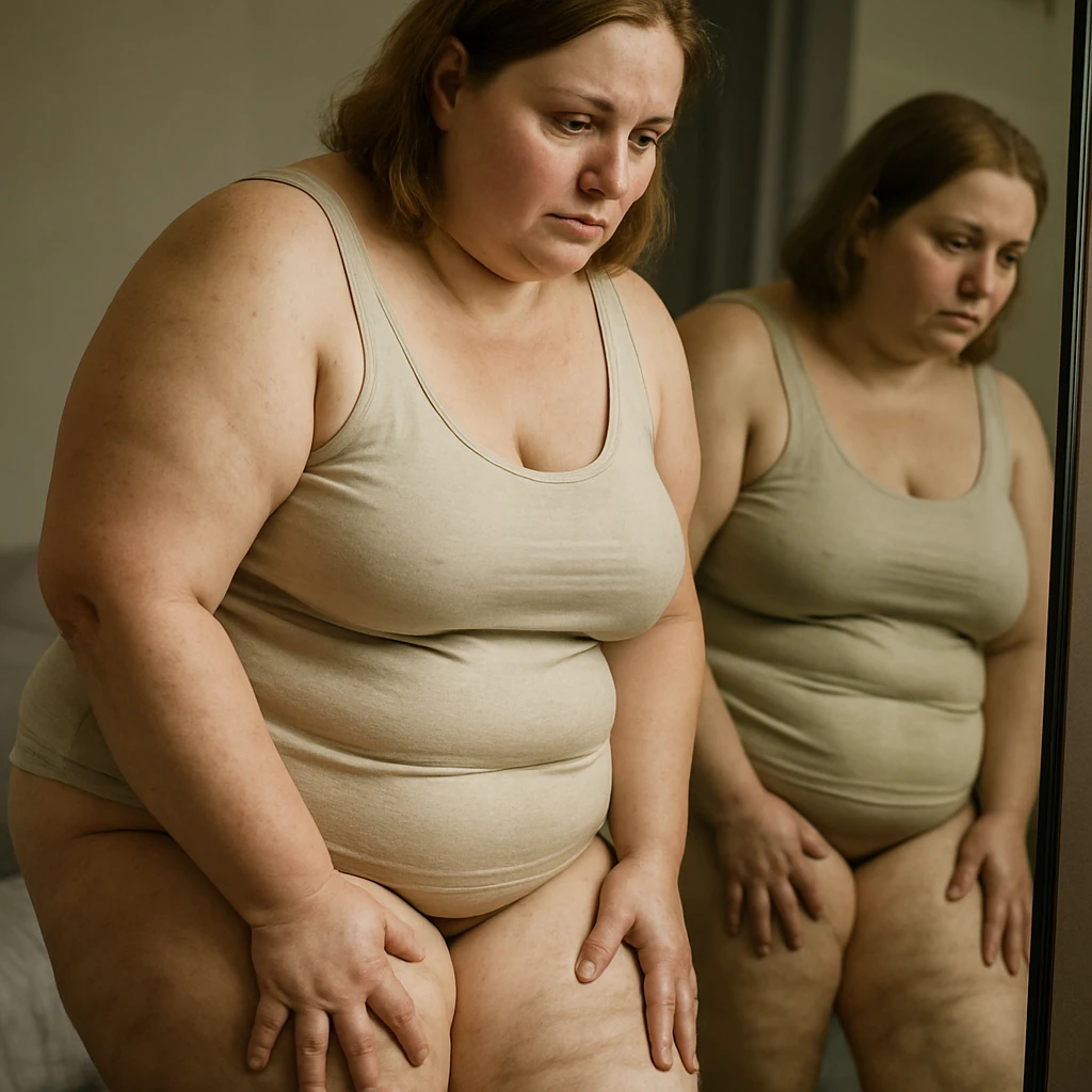 overweight woman looking at herself in mirror, stubborn fat on legs and thighs, hyper realistic 4K style, skin details, reflective expression emoji