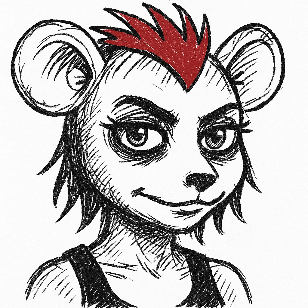 Make the nezumimi mouse girl have black fur, green eyes, more gothic and more punk style, keep the red mohawk, with no background, emoji meme style. emoji