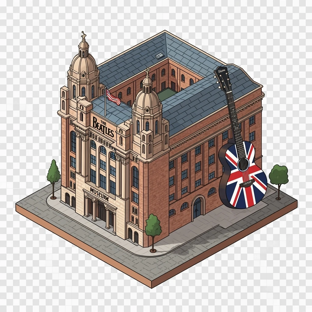 Isometric illustration of Liverpool photorealistic The Beatles Story museum, a Union Jack guitar and brick building in a miniature, slightly hand-drawn style, balanced between stylized and realistic, no cartoonish look, transparent background. emoji