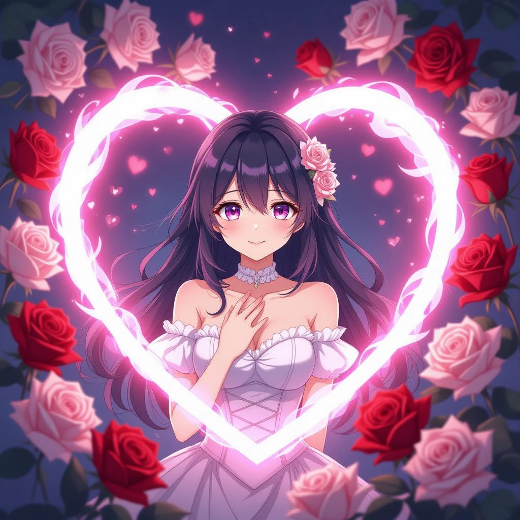 anime heart, dramatic, glowing, surrounded by roses emoji