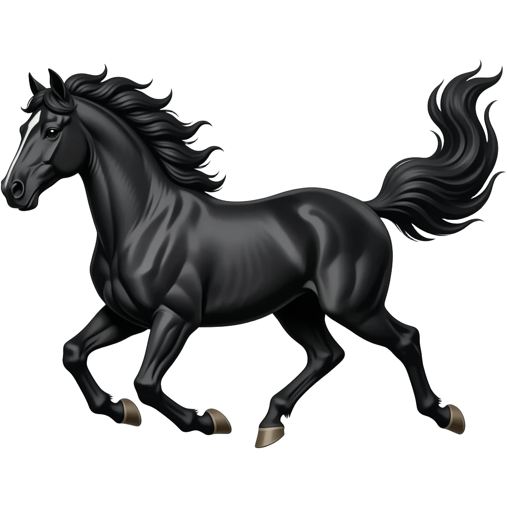 Marwari Black Stallion running without any equipped gears and the hairs of the horse is flowing in opposite direction of the running emoji