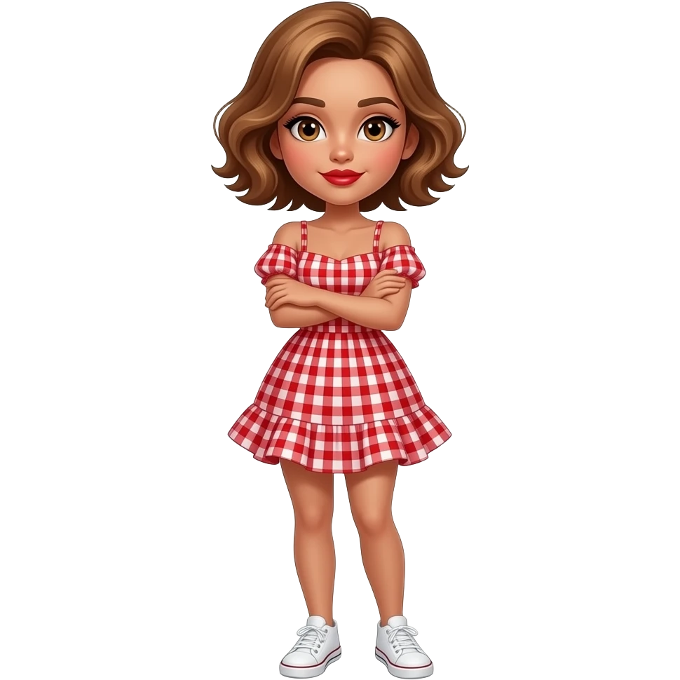 glamours,-tanned,-very-beautiful-girl,-with-big-plump-red-lips,-long-long-lashes,-honey-silky-very short- hair,-wavy-hair,-hazel-eyes- wearing- red-gingham-frill - dress- white-sneakers-shrugging-her-shoulders-full-body emoji