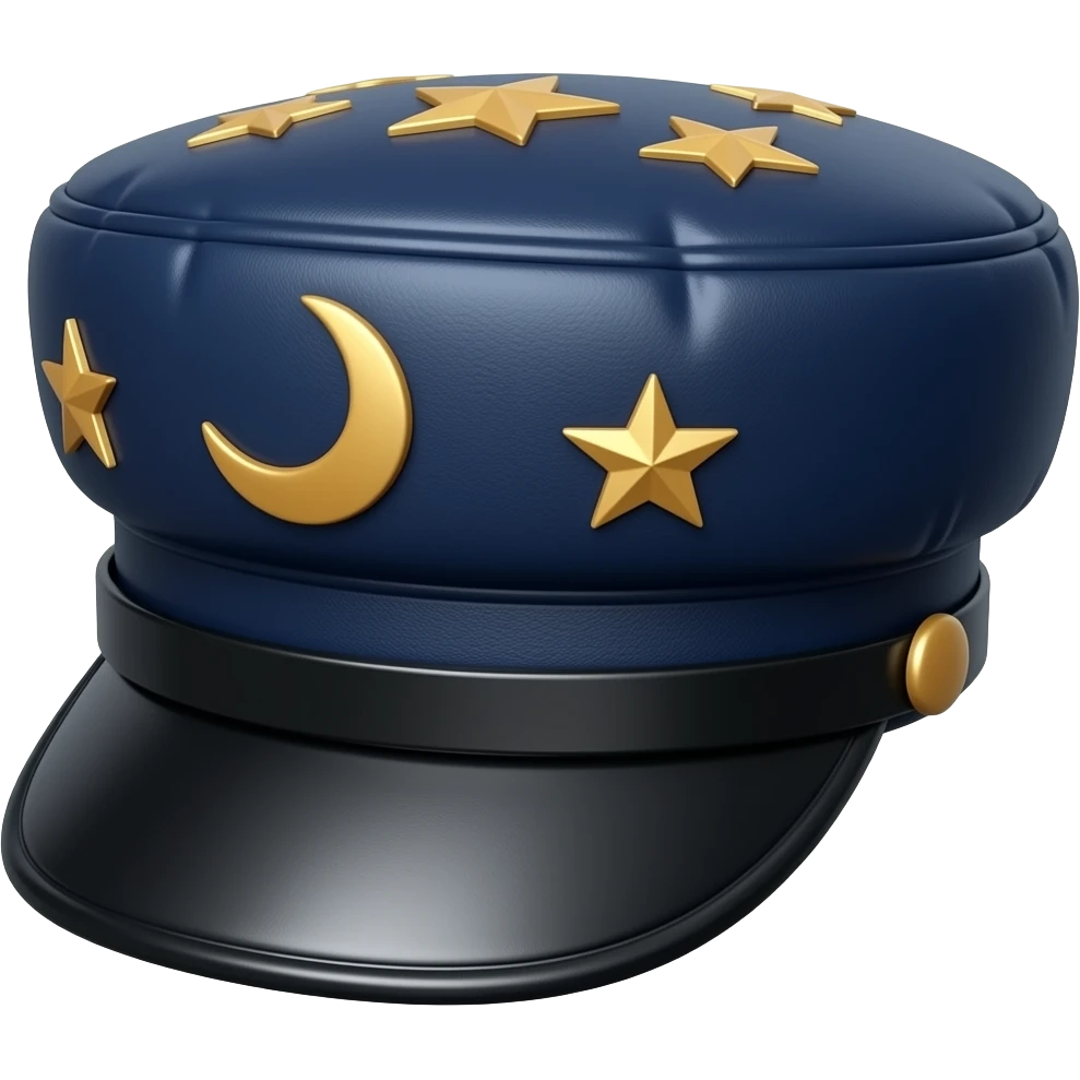 Dark navy-indigo leather Dommy Kepi hat with gold stars and a gold crescent on the side emoji